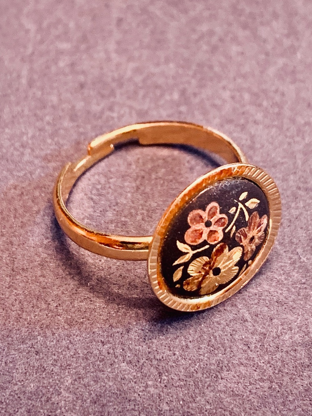 Spanish Damascene Gold & Black Floral Round Adjustable Ring , Size 6